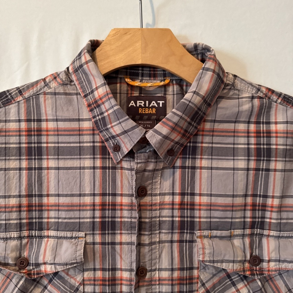 Ariat Rebar Men's XL Work Shirt DuraStrech Gray/Orange Plaid Button Up/Down SS